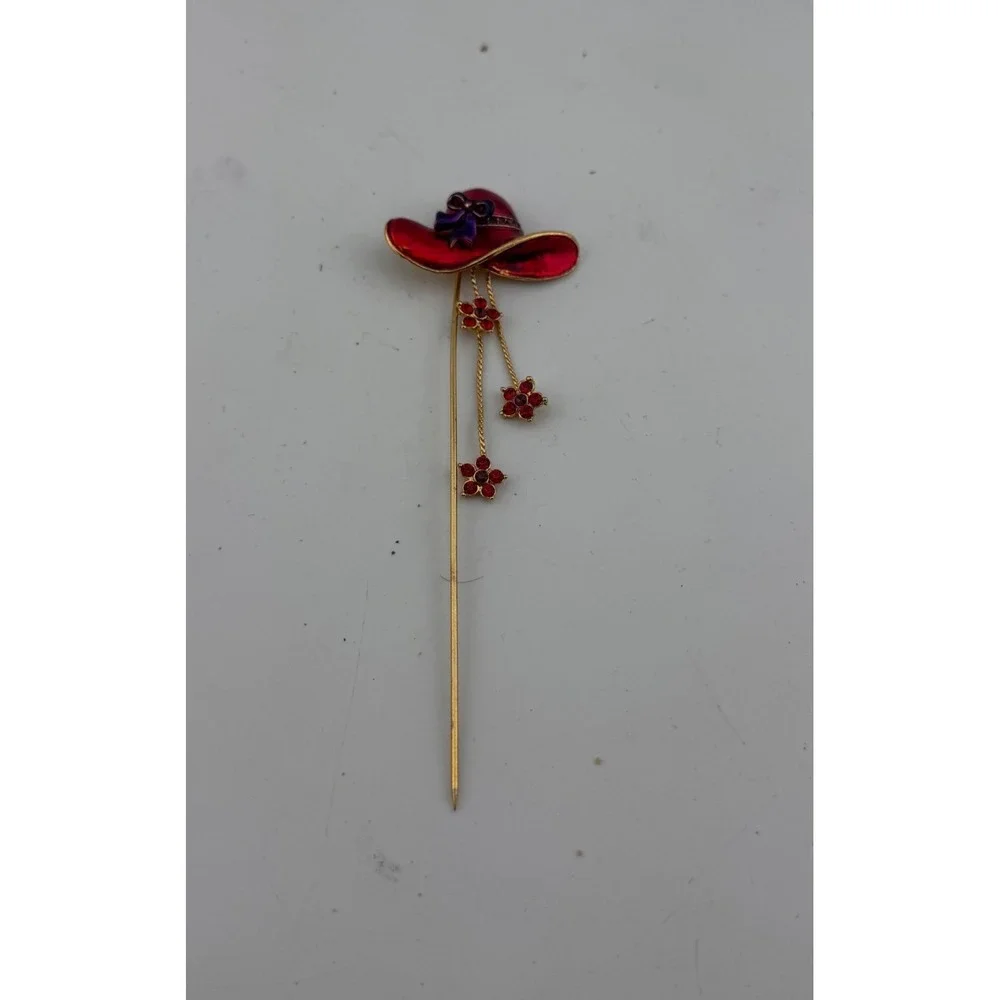 Vintage Red Sun Hat Stick Pin‎ Gold Tone Dangle Rhinestone Flower Charms Enamel